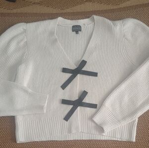 Elegant Cream V-Neck Sweater with Black Accents